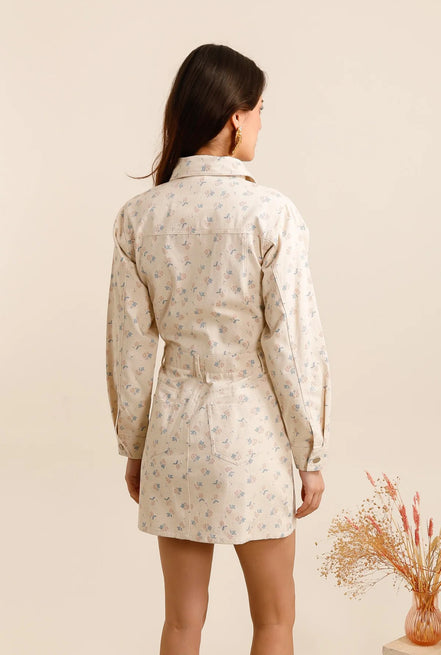 Floral jeansdress beige