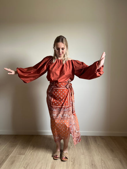 Paisley Wrap Midi Skirt – Terracotta