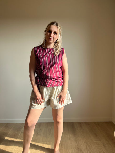 Striped Tie Waist Top – Burgundy