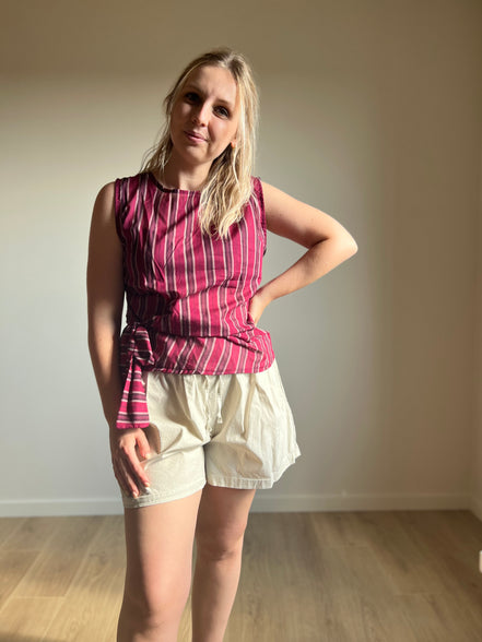 Striped Tie Waist Top – Burgundy