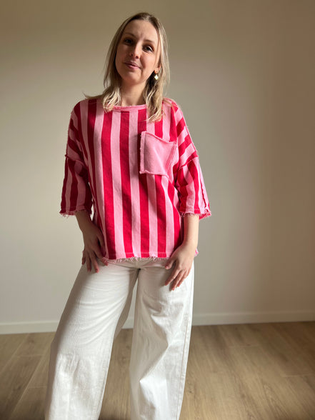 Red & Pink Striped Tee