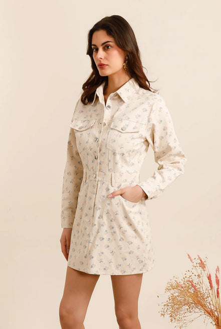 Floral jeansdress beige