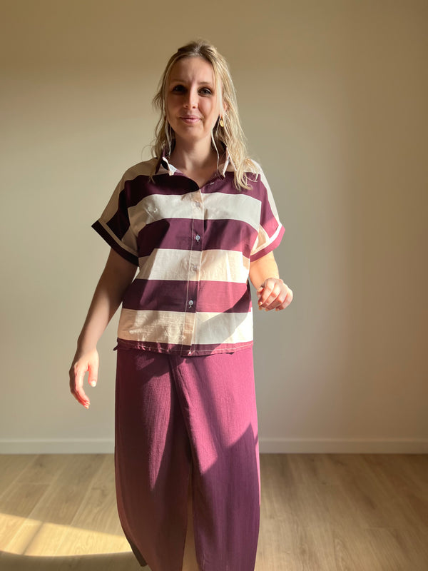 Striped Short Sleeve Shirt – Burgundy