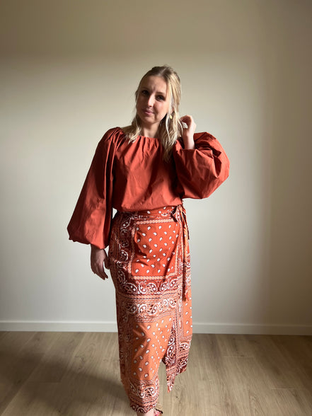Paisley Wrap Midi Skirt – Terracotta