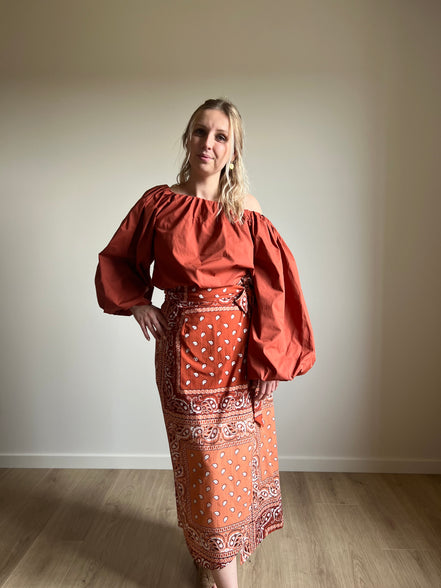 Paisley Wrap Midi Skirt – Terracotta