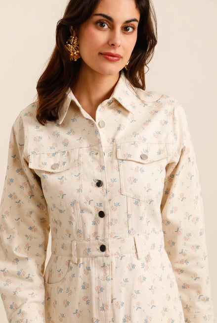 Floral jeansdress beige