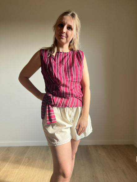 Striped Tie Waist Top – Burgundy
