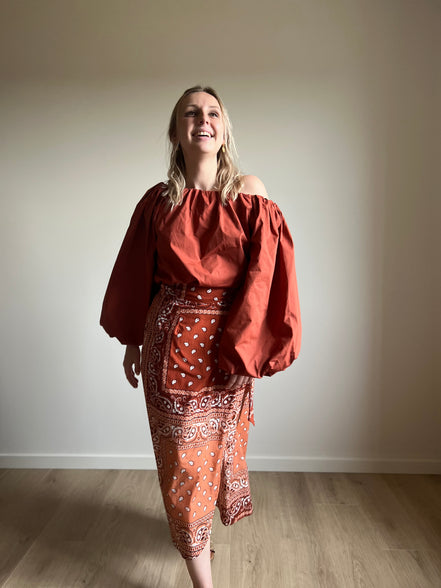 Paisley Wrap Midi Skirt – Terracotta