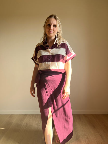 Striped Short Sleeve Shirt – Burgundy