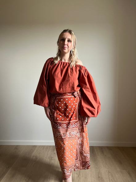 Paisley Wrap Midi Skirt – Terracotta