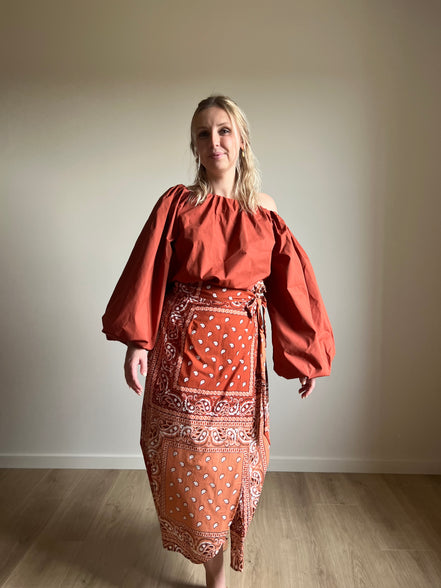 Paisley Wrap Midi Skirt – Terracotta