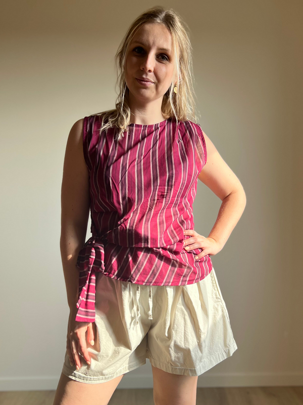 Striped Tie Waist Top – Burgundy