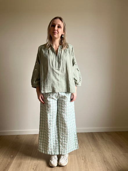 Wide-leg gingham trousers green
