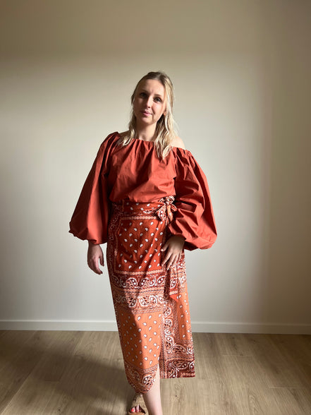 Paisley Wrap Midi Skirt – Terracotta