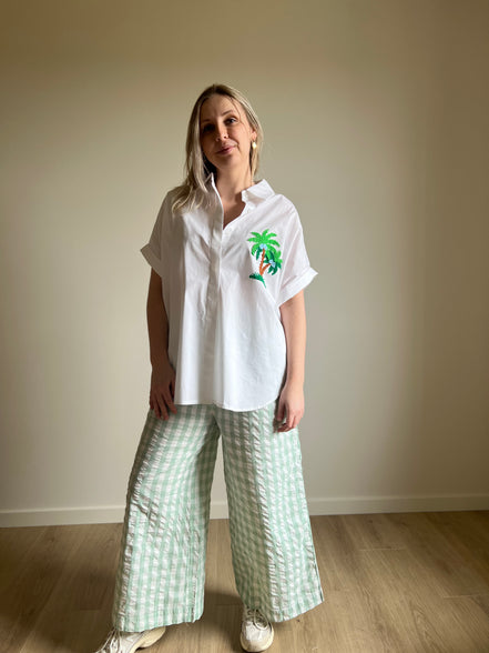 Wide-leg gingham trousers green