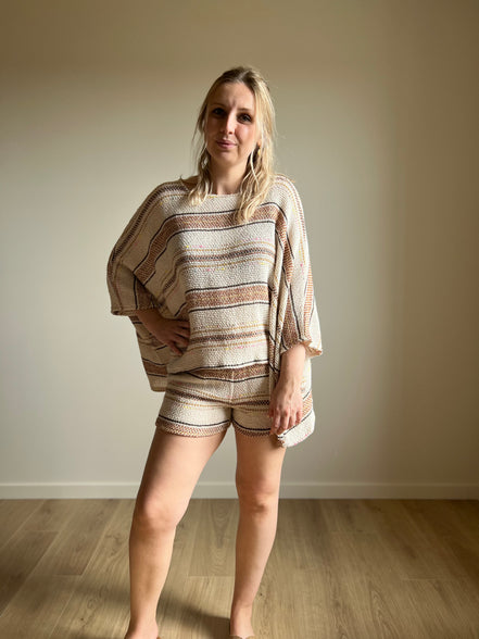 Knitted poncho - cream striped