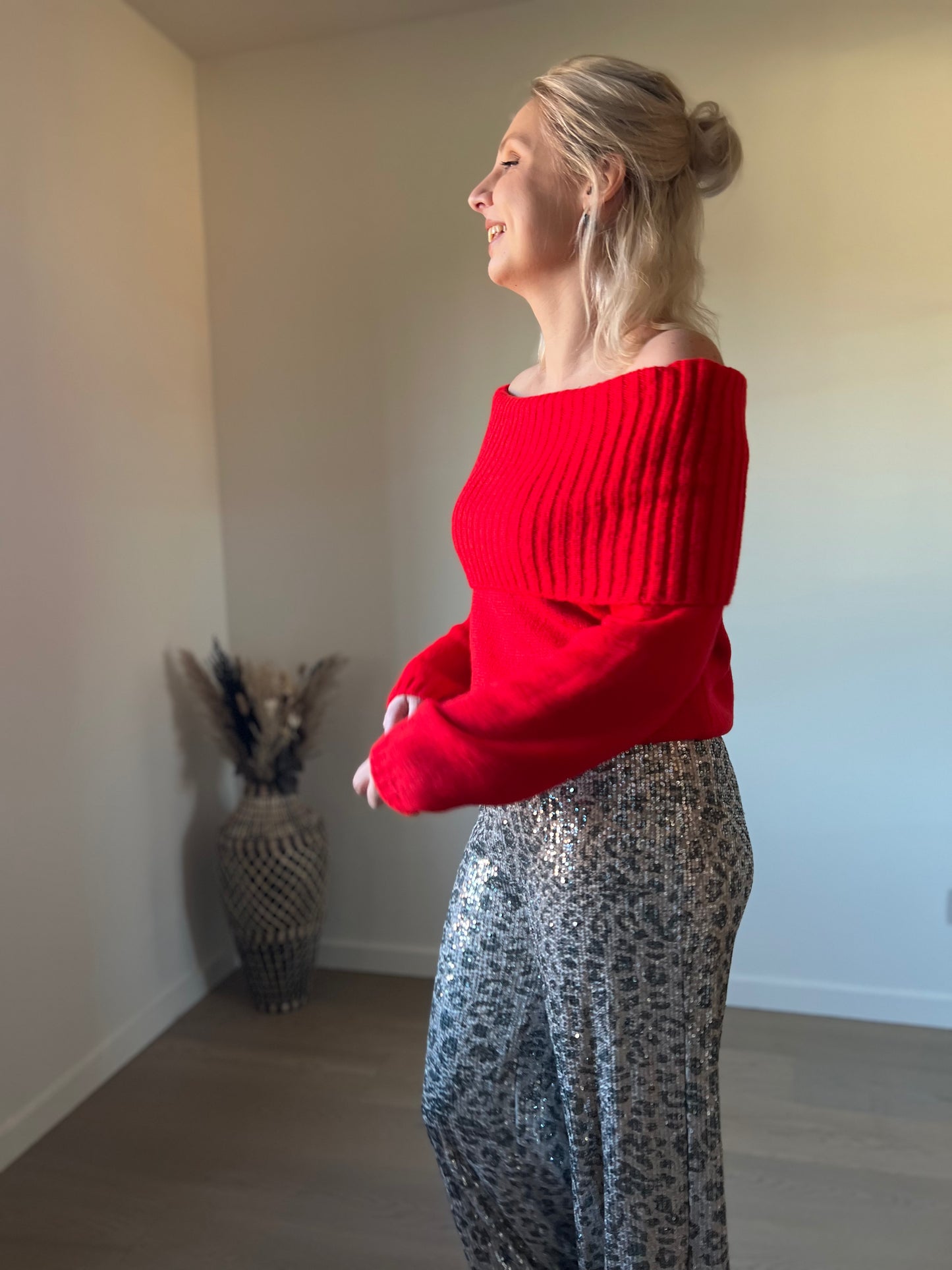 Red off-shoulder knit