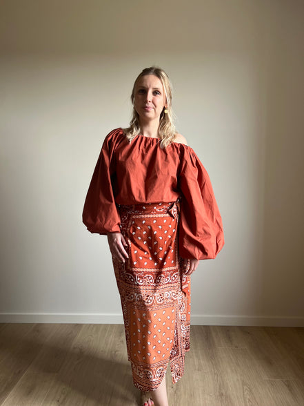 Paisley Wrap Midi Skirt – Terracotta