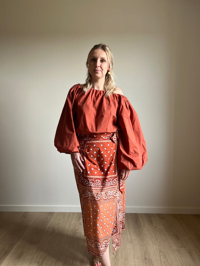 Paisley Wrap Midi Skirt – Terracotta