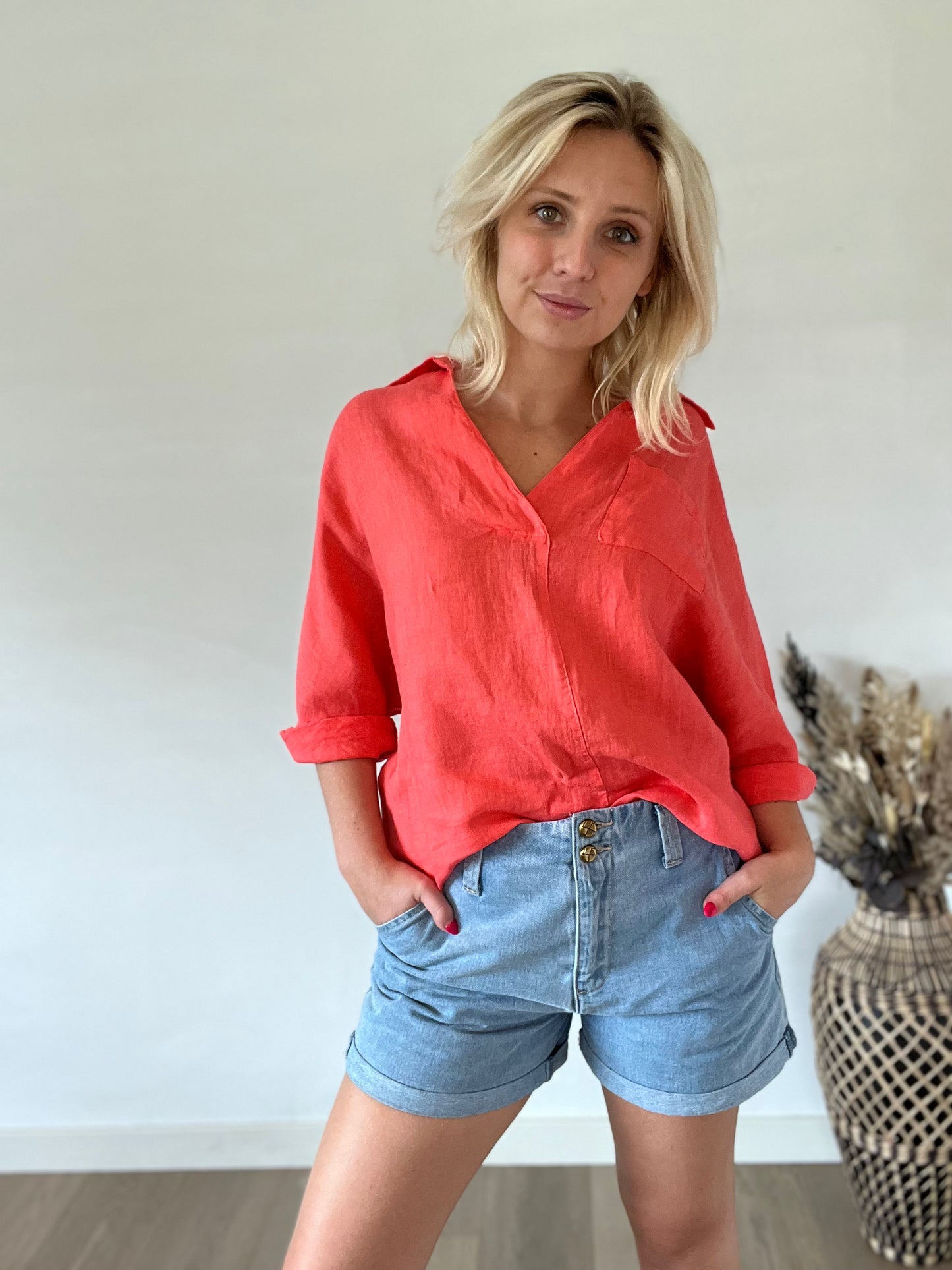 Coral linen blouse