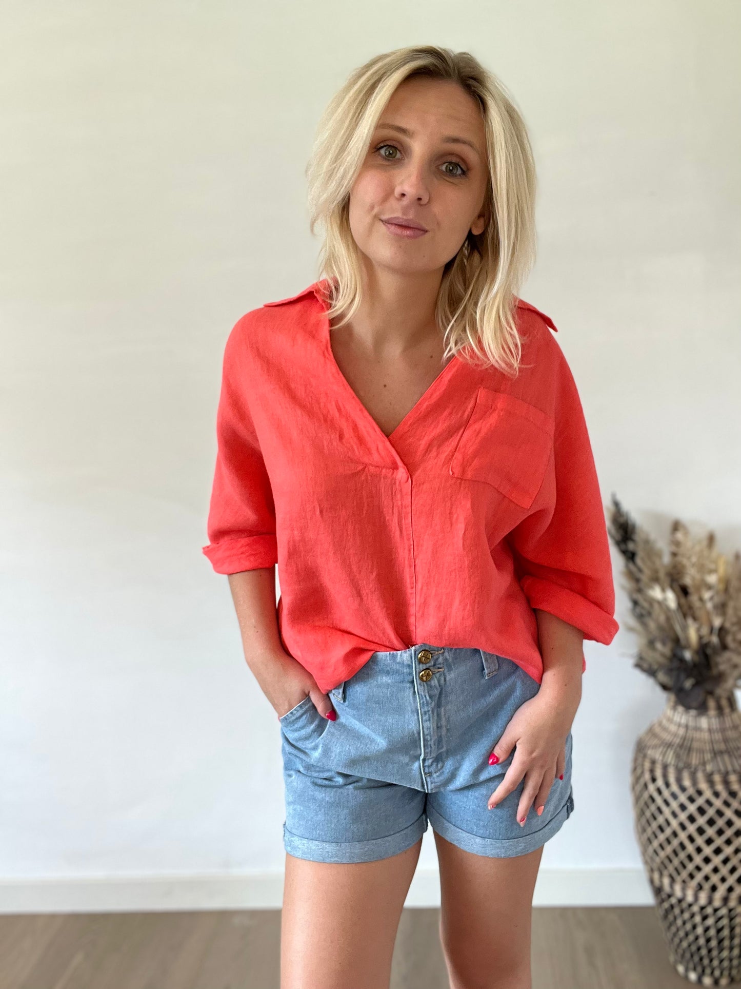 Coral linen blouse