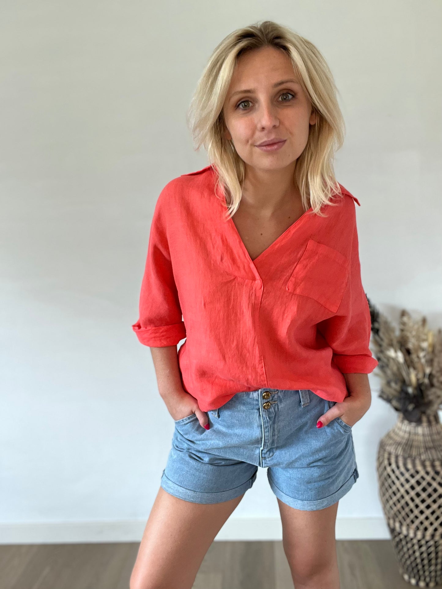 Coral linen blouse