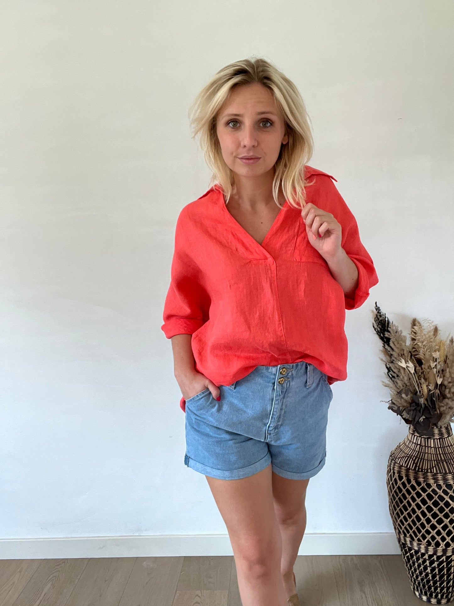 Coral linen blouse