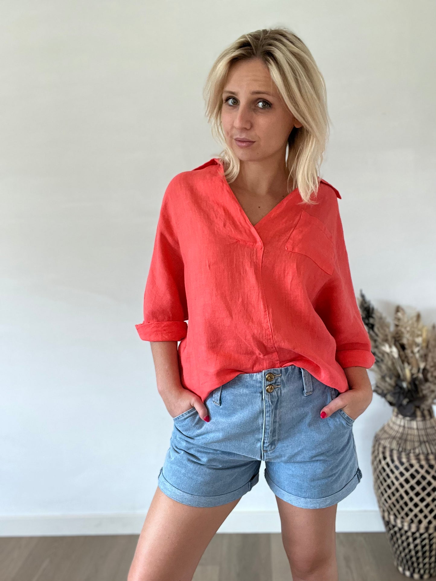 Coral linen blouse