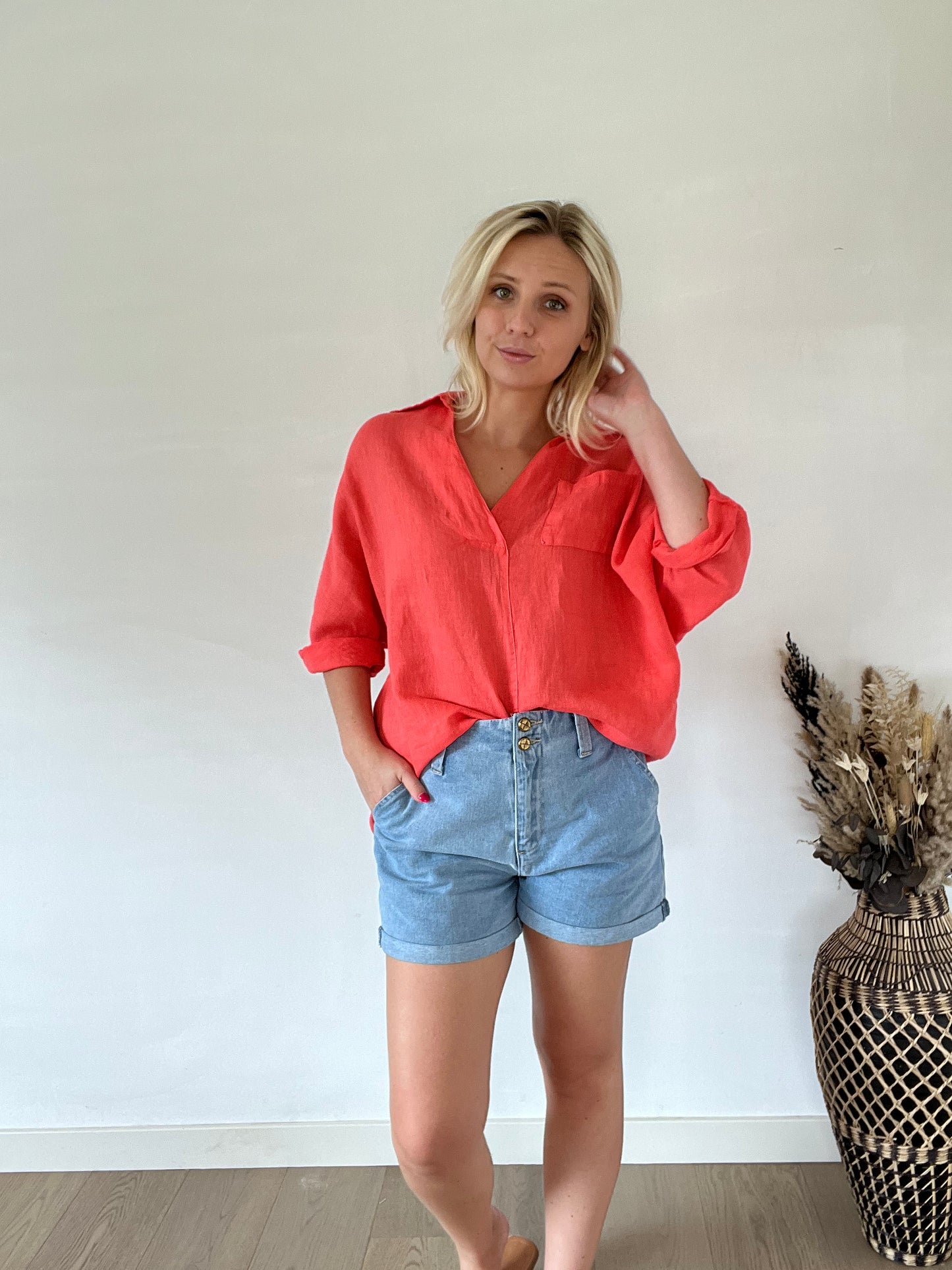 Coral linen blouse