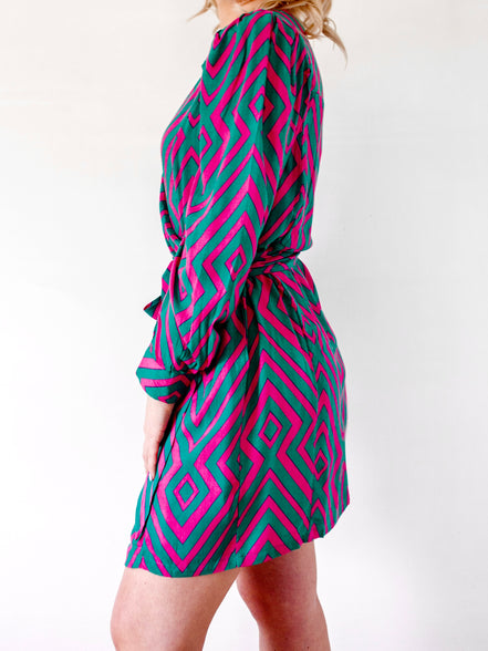 Wrap dress green fuchsia