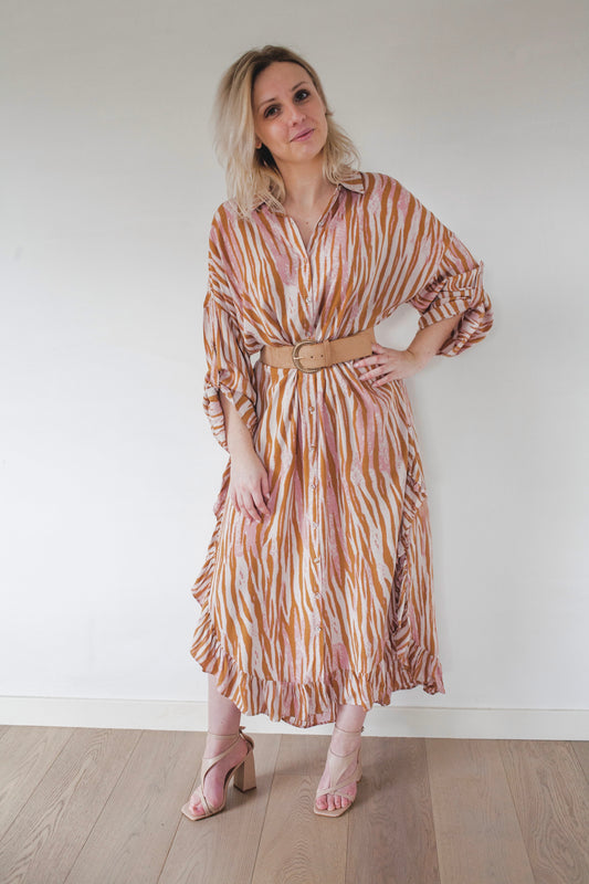 Bohemian print ruffled tunic shirt dress