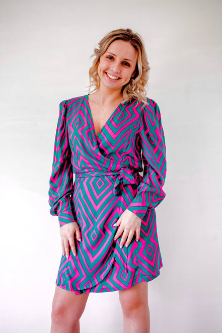 Wrap dress green fuchsia